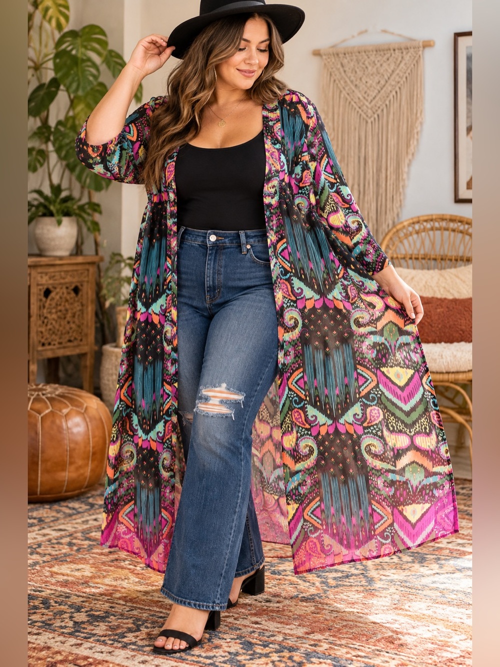 torrid Multicolor Boho Sheer Maxi Kimono - Teal, Pink & Black